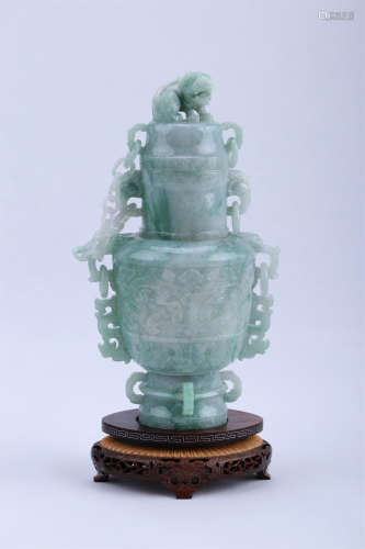 A Chinese Carved Jade  Vase Decoration with Base