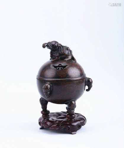 A Chinese Bronze Three-Feet Incense Burner with Elephant-Head-Ears