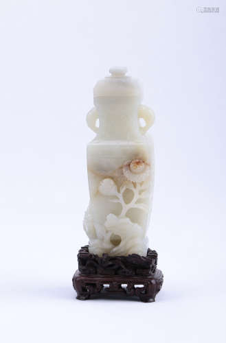 A Chinese Carved White Jade Elephant-Ear Vase Decoration with Base