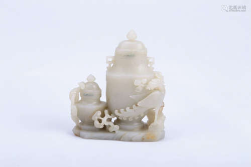 A Chinese Carved White Jade Double-Vases Decoration