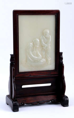 A Chinese Carved Jade Screen with Wood Frame and Stand