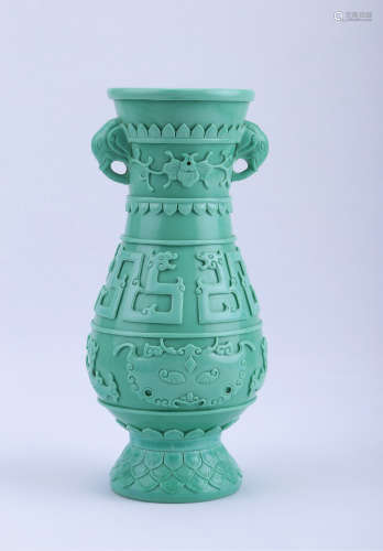 A Chinese Green Glass Vase with Elephant-Head-Ears 