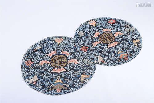 A Pair of Chinese Embroidery with Five-Lucky-Patterns On Each