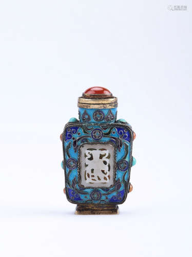 A Chinese Cloisonné Snuff Bottle with Jade Inlaided