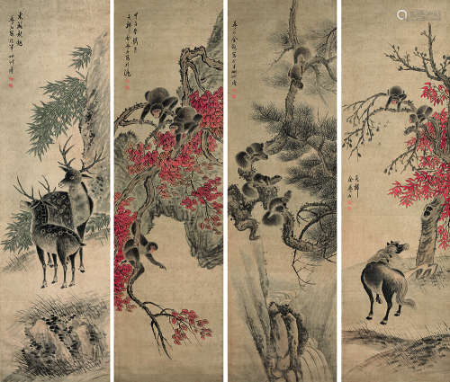 金梦石(1869-1952) 花鸟四屏