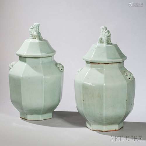 Pair of Celadon-glazed Covered Jars