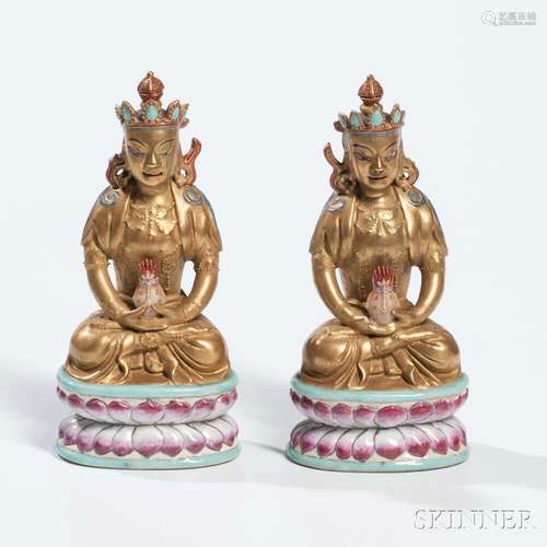 Pair of Famille Rose and Gilt Enameled Bodhisattvas