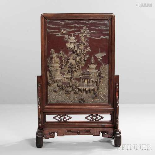 Large Duan Stone Screen on Hardwood Stand