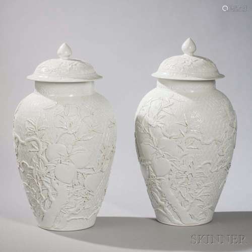 Pair of Large White-glazed Covered Jars
