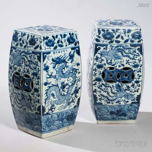 Pair of Small Blue and White Garden Seats