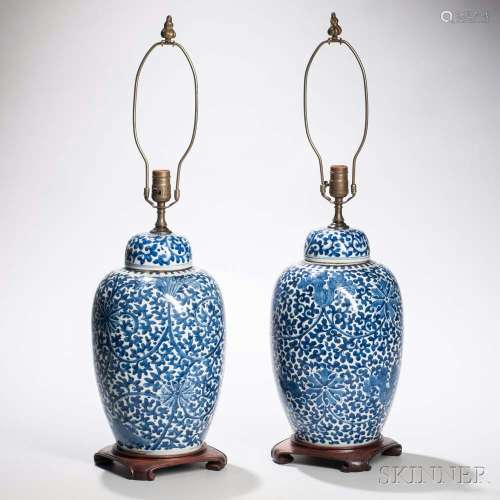 Pair of Blue and White Covered Ginger Jars Mounted as Lamps