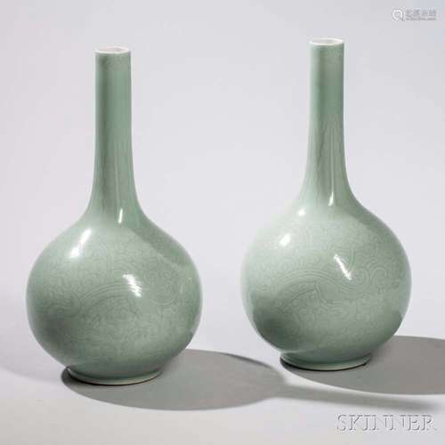 Pair of Celadon Bottle Vases