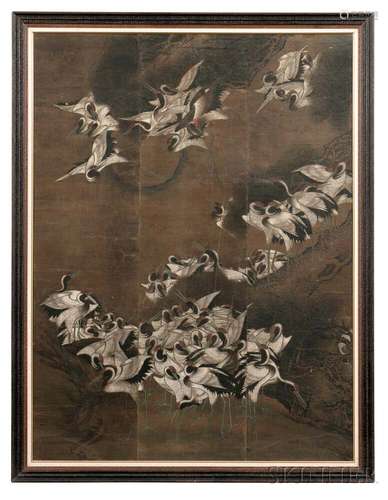 Painting Depicting a Flock of Cranes