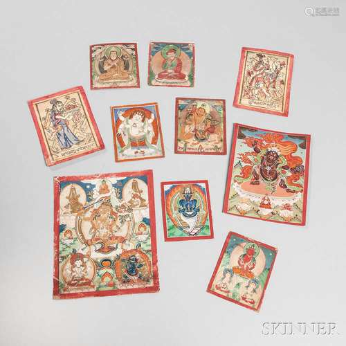 Group of Small Thangkas, Sets of Tsaklis, and Woodcut Blocks