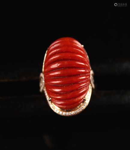 阿卡牛血红红珊瑚戒面金戒指（Tiffany设计款式）