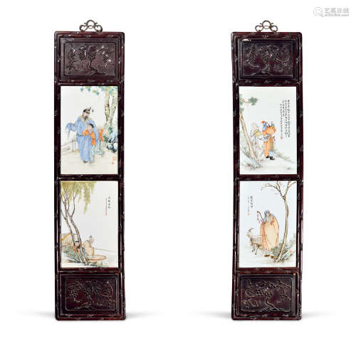 粉彩人物紋瓷板一套四件連木框