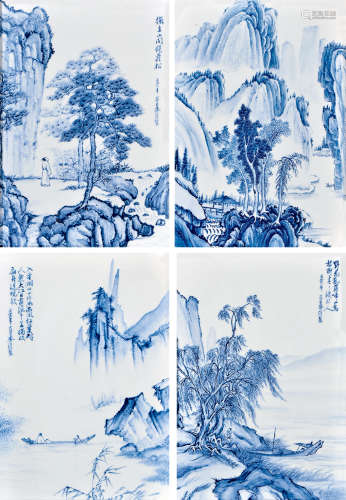 青花山水紋瓷片一套四件連木框