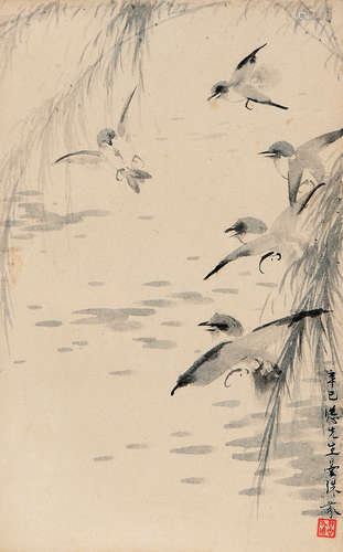 鄧  芬 (1894-1964) 葦塘雀趣 鏡框