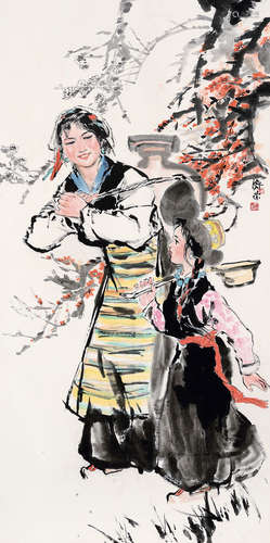 劉濟榮 (b.1931) 母女汲水 立軸