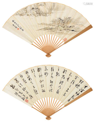 吳大澂(1835-1902)、張克龢(1808-1959)  山水、草書 成扇