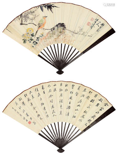 汪  溶(1895-1972)、吳鏡汀(1904-1972)  花鳥、行書 成扇