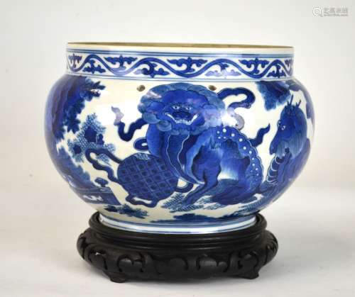 Chinese Blue & White Jar with Wood Stand