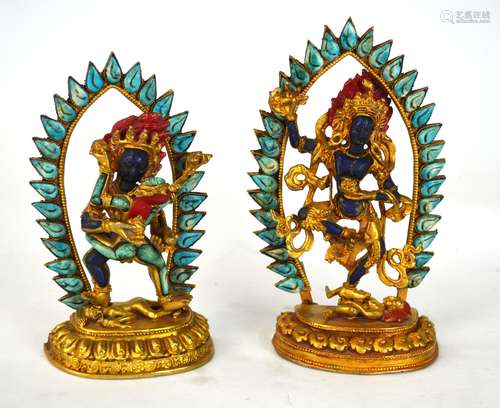 Two Chinese Gilt Bronze Buddha w. Turquoise/ Lapis