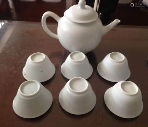 Set of  White Glazed Six Cups & Teapot