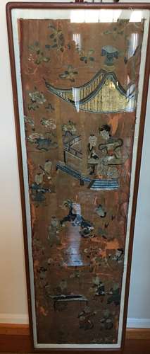 ANTIQUE Large Chinese Embroidery panel with gold metallic figurines and courtyard scenes, foo dog lion, etc. Late 19th century. 61