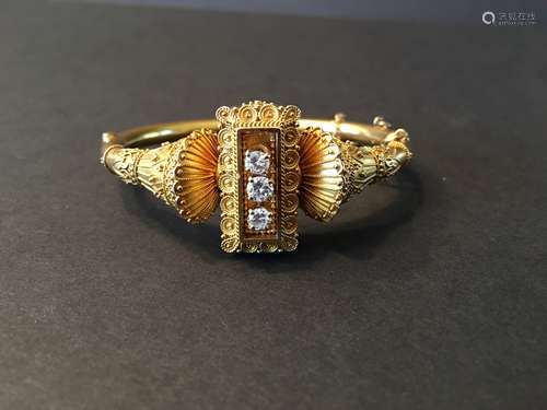 ANTIQUE Tested 14-K Yellow-Gold and Diamond Bangle Bracelet. Last Quarter 19th C.