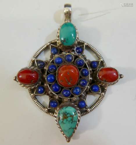 CHINESE TIBETAN STERLING SILVER CORAL LAPIS TURQUOISE PENDANT