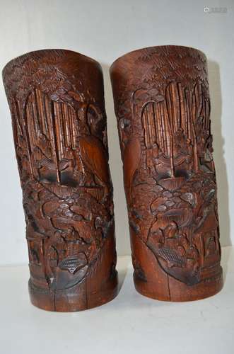 Two Bamboo Carved Brush Pot