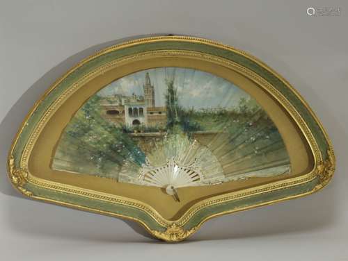 European Painting on Decorative Fan w/ Farm