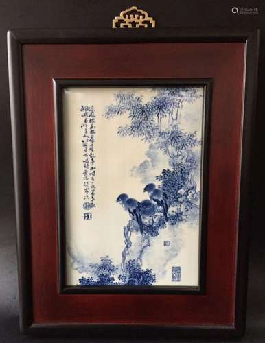 Chinese Blue/White Porcelain Plaque, Signed WangBu