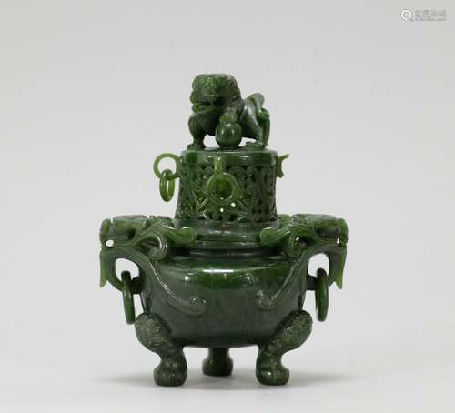 Chinese Jade Carved Tripod Incense Burner