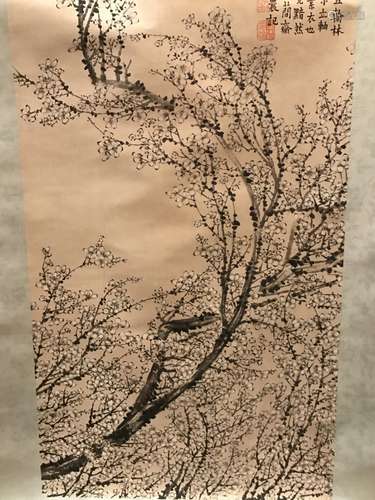 Chinese Ink&Color Scroll Painting, Blossom,Signed