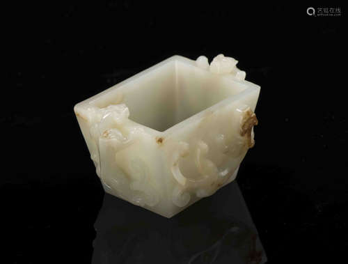 A CARVED CHINESE WHITE JADE CHI DRAGON CUP, DOU