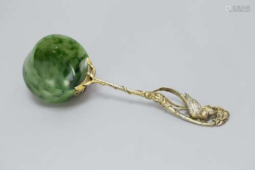 Antique Russian Silver and Spinach Jade Wine Spoon