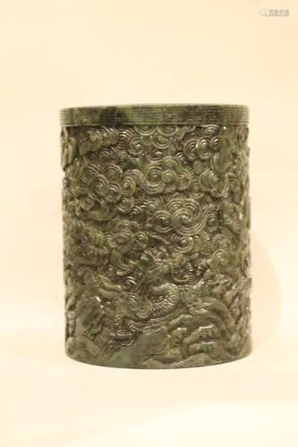 Chinese Spinach Jade Carved Brush Pot