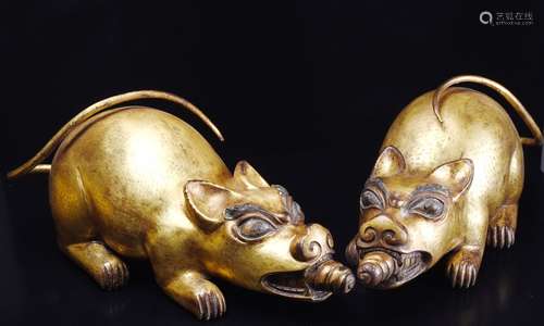 Pair of Chinese Gilt Bronze Rats