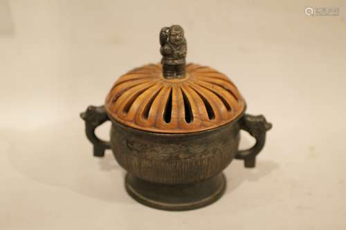 Chinese Bronze Censer w/ Wood Cover and Jade