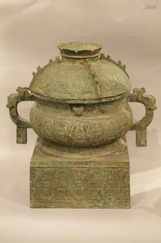 Chinese Bronze Square Vase w/ Cover