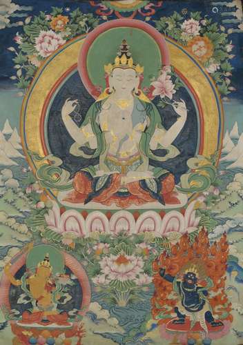 Tibetan Thangka of 4 Hands Guanyin