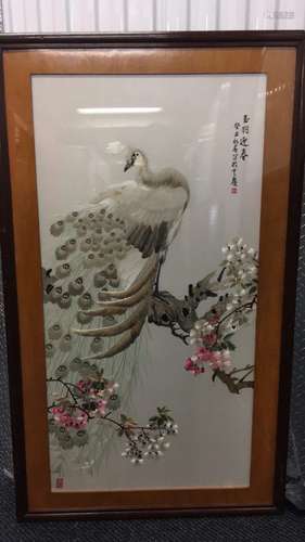 Large Chinese Silk Painting of a Peacock