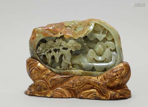 Chinese Celadon Jade Carved In Landscape Boulder