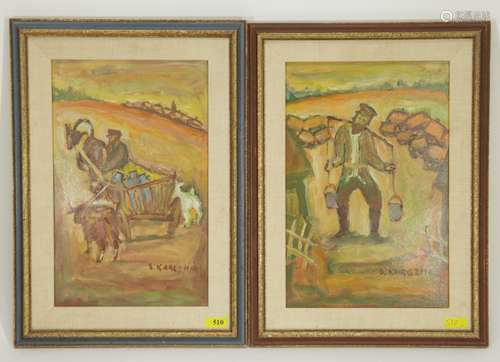 Pair of Jewish Paintings, Oil on Cardboard