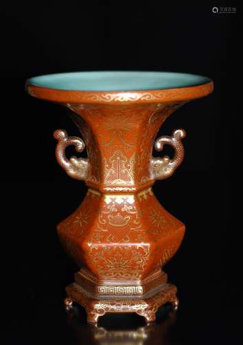 Chinese Red Glazed w/ Gilt Tracery Porcelain Vase