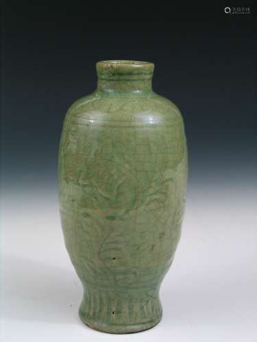 Antique Chinese Celadon Stoneware Vase, Yuan Dynasty.
