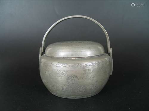 Antique Chinese Pewter Bowl with Cover. Marked.