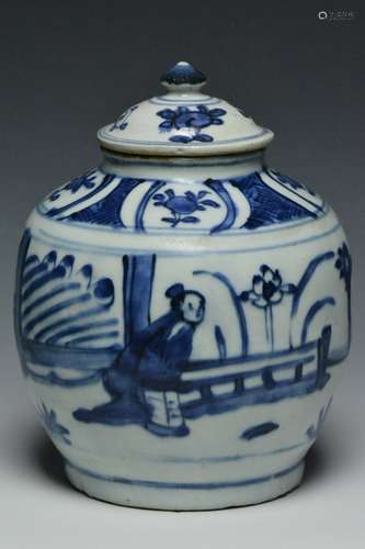 A Blue and White Figure Subject Jar, 17th Century